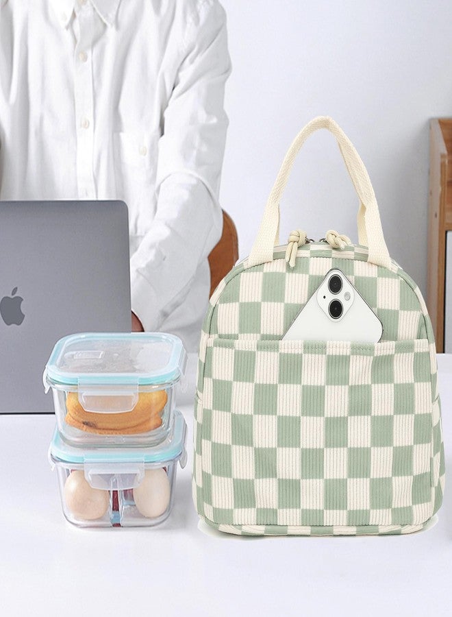 Dezcrab Corduroy Lunch Box for Women Girls, Cooler Lunch Bags Reusable Insulated Lunchbox for Picnic School Work Travel (Checkered Green) - Image 2